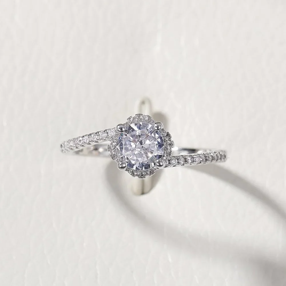 😍Beautiful CZ Diamond Twisted Macro Pave Silver Pure Flower Wedding Ring, K844